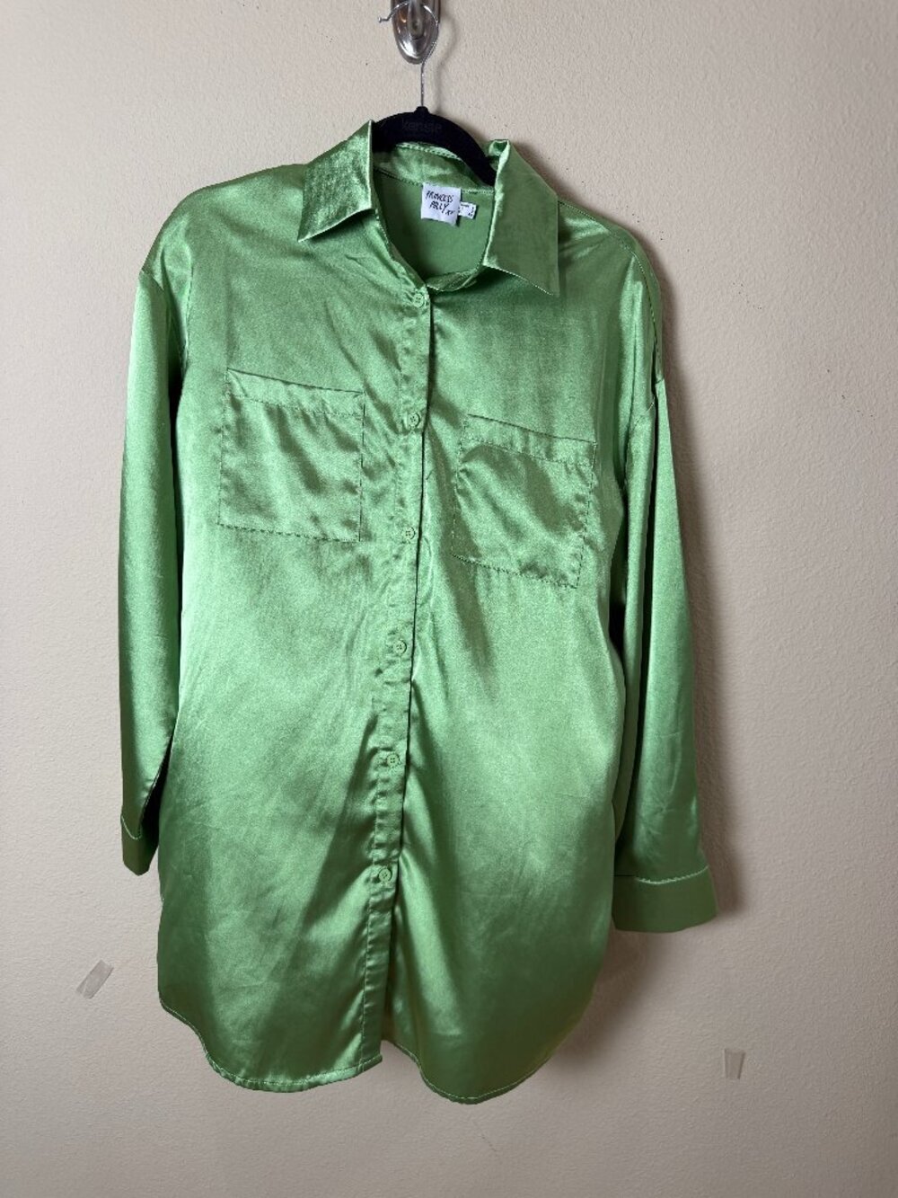Princess Polly Oversized Satin Button Down Shirt Top Blouse Green Size Small / 2
